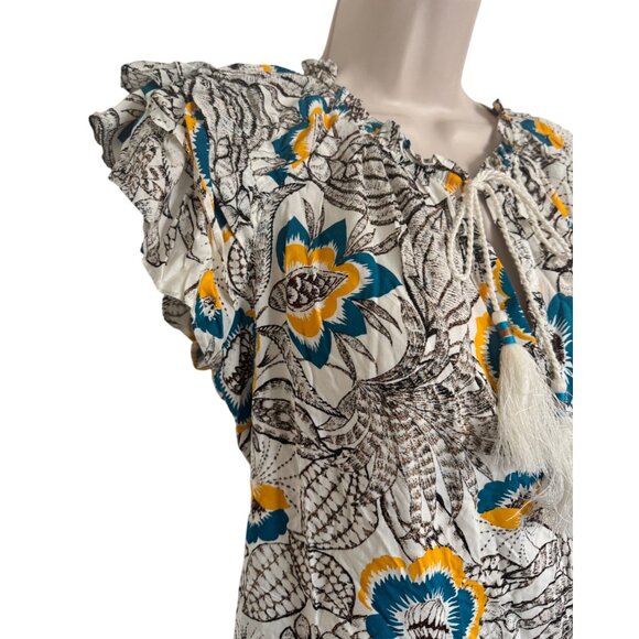 Rose & Oliver Fluffer Sleeve Tie Neck Size Medium Print Blouse NWT Brown Teal Ye - Picture 7 of 8